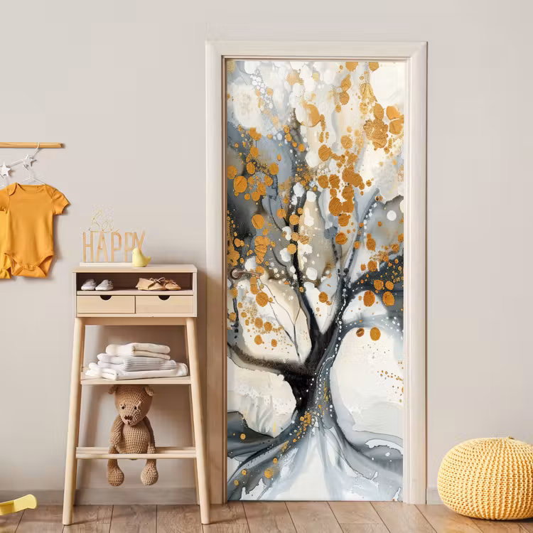Boom - Modern - Abstract - Goud - Zwart - Wit deurposter klein -sfeer4