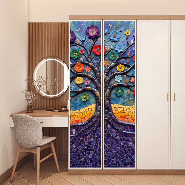 Levensboom - Mozaïek - Bloemen - Kleurrijk - Vrolijk deurposter klein -sfeer3