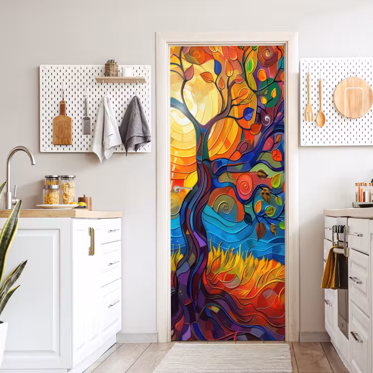 Boom - Zon - Verflook - Kleuren - Abstract deurposter klein -sfeer5