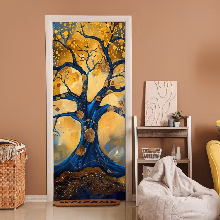 Boom - Levensboom - Blauw - Goud deurposter klein -sfeer1