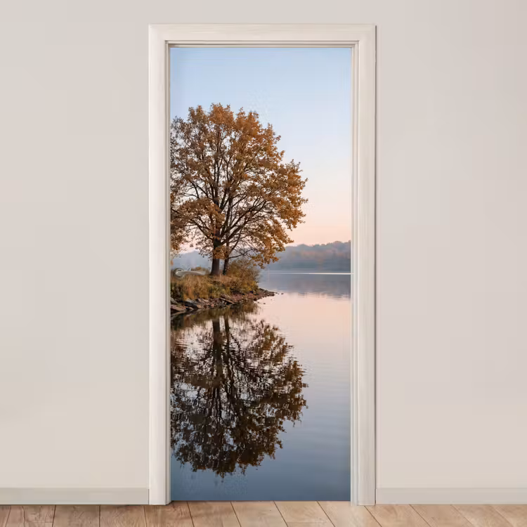Bomen - Reflectie - Water - Zonsopgang - Serene deurposter klein -3d_beige