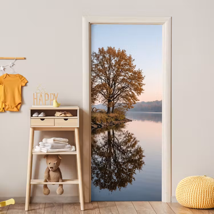 Bomen - Reflectie - Water - Zonsopgang - Serene deurposter klein -sfeer4
