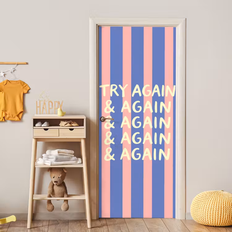 Try again - Strepen - Roze - Verticaal - Blauw deurposter klein -sfeer4