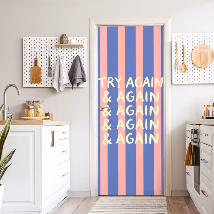 Try again - Strepen - Roze - Verticaal - Blauw deurposter klein -sfeer5