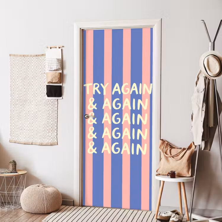 Try again - Strepen - Roze - Verticaal - Blauw deurposter klein -sfeer6