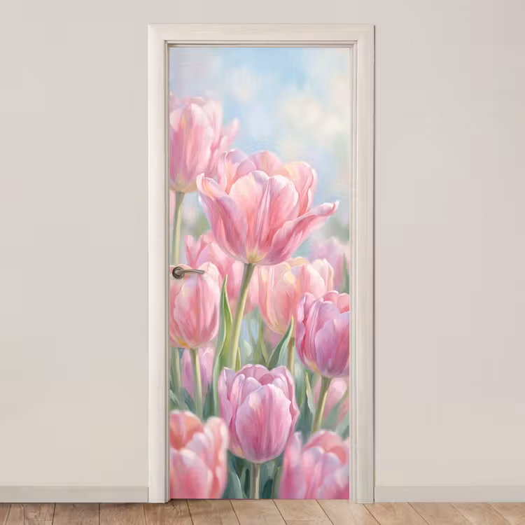 Tulpen - Veld - Lente - Roze deurposter klein -3d_beige