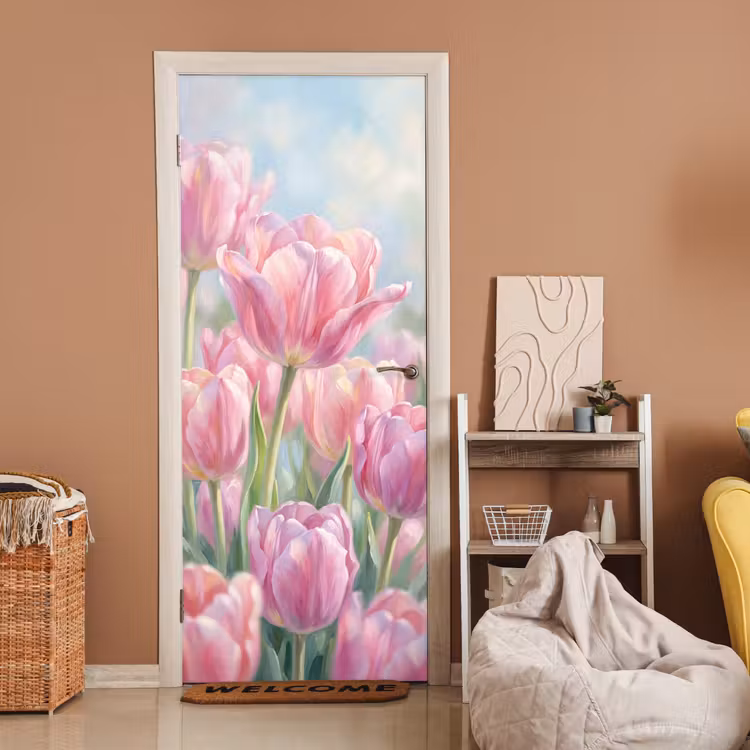 Tulpen - Veld - Lente - Roze deurposter klein -sfeer1