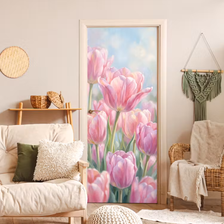 Tulpen - Veld - Lente - Roze deurposter klein -sfeer2