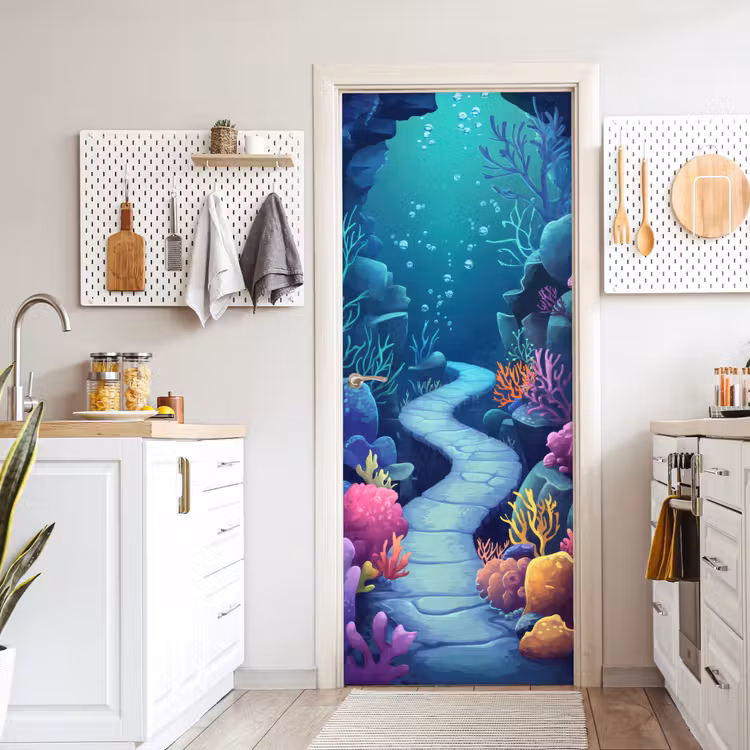 Onderwaterwereld - Grot - Zee - Blauw - Zeewier deurposter klein -sfeer5