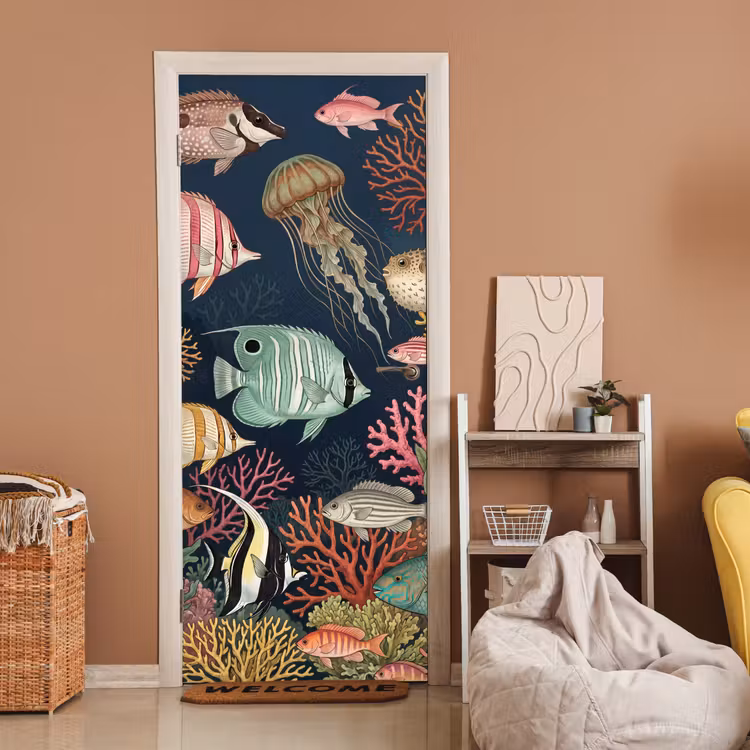 Onderwaterwereld - Vissen - Koraal - Illustratie - Kleurrijk deurposter klein -sfeer1