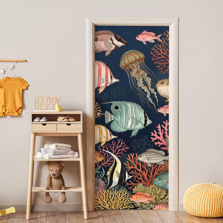 Onderwaterwereld - Vissen - Koraal - Illustratie - Kleurrijk deurposter klein -sfeer4