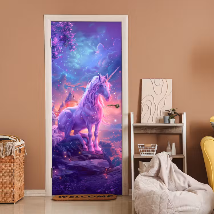 Eenhoorn - Fantasy - Kasteel - Meisje - Paars - Roze deurposter klein -sfeer1