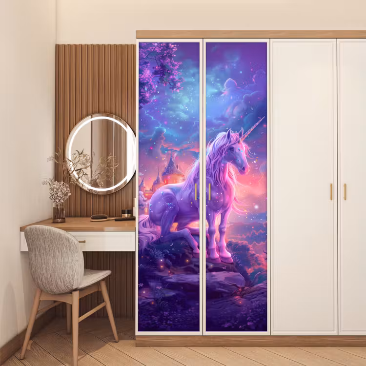 Eenhoorn - Fantasy - Kasteel - Meisje - Paars - Roze deurposter klein -sfeer3