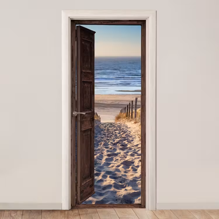 Doorkijk - Strand - Zee - Pad - Duinen deurposter klein -3d_beige