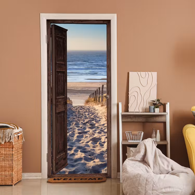 Doorkijk - Strand - Zee - Pad - Duinen deurposter klein -sfeer1