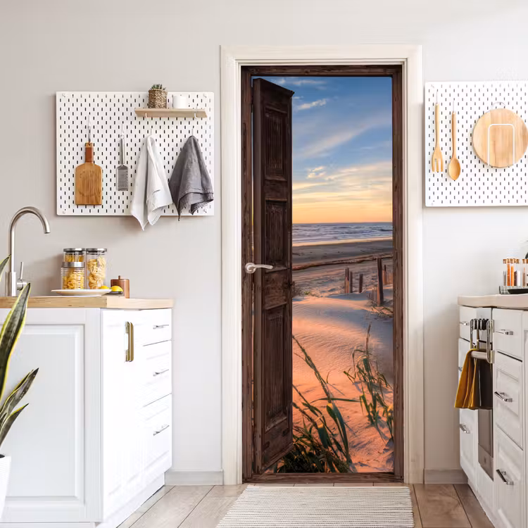 Doorkijk - Strand - Zee - Natuur - Duinen deurposter klein -sfeer5