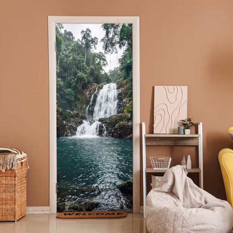 Waterfall - Forest - Nature - Greenkhgyguyg deurposter klein -sfeer1