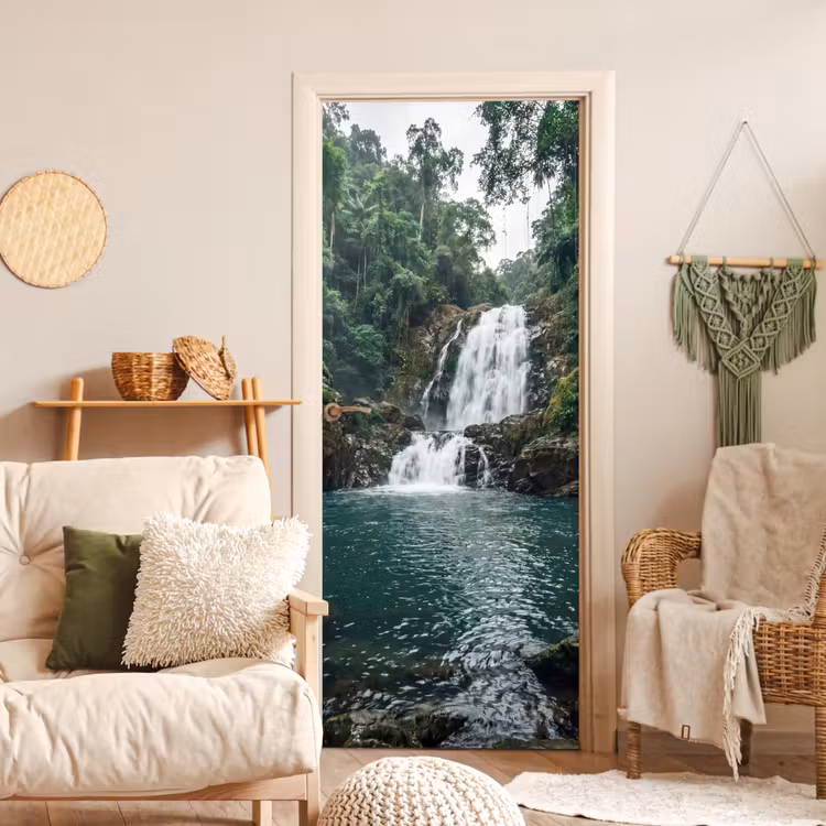 Waterfall - Forest - Nature - Greenkhgyguyg deurposter klein -sfeer2