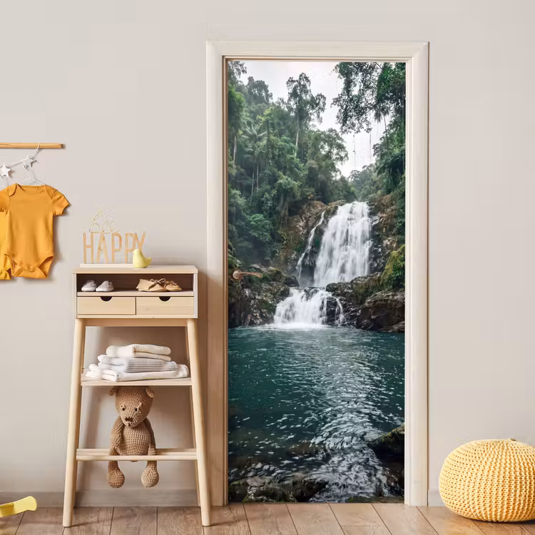 Waterfall - Forest - Nature - Greenkhgyguyg deurposter klein -sfeer4