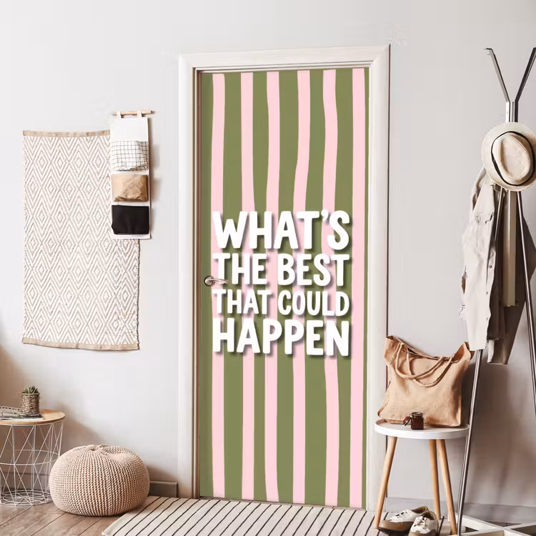 What's the best that could happen - Strepen - Groen - Roze deurposter klein -sfeer6