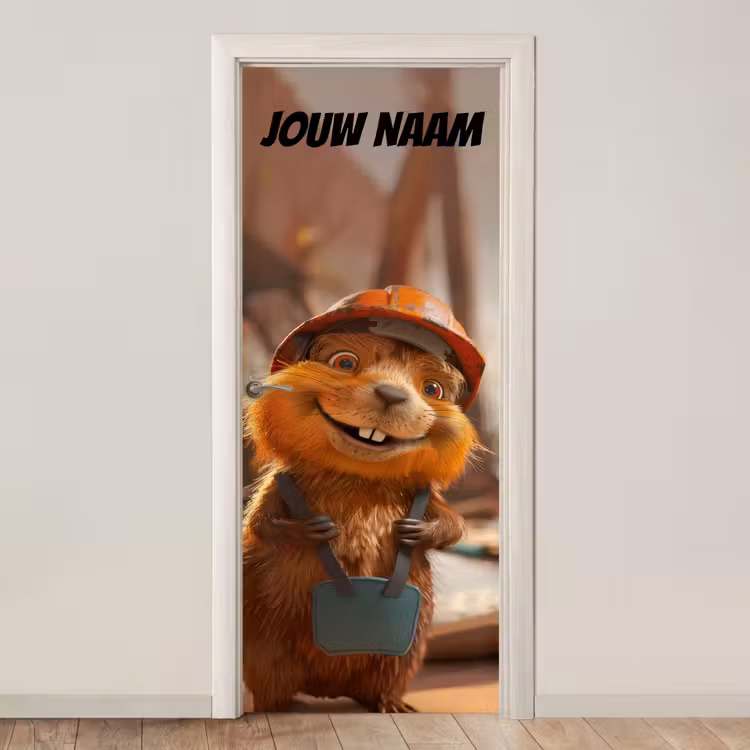Schattig dier met bouwhelm en tas en de tekst “Deze kamer is van: jouw naam”. deurposter klein -3d_beige