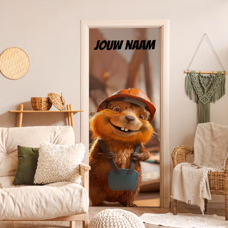Schattig dier met bouwhelm en tas en de tekst “Deze kamer is van: jouw naam”. deurposter klein -sfeer2