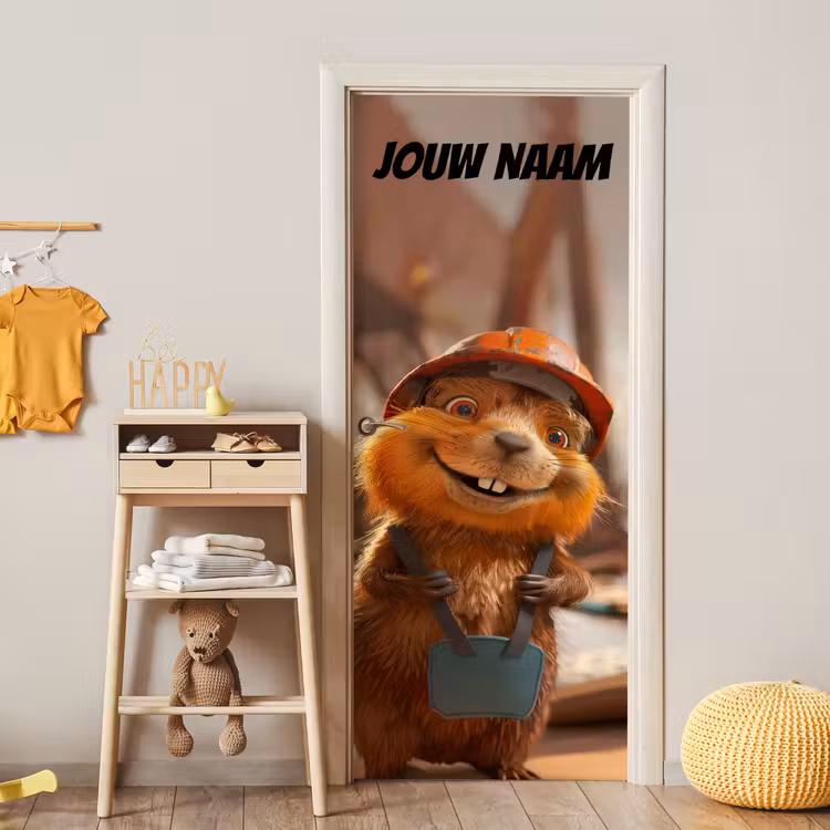 Schattig dier met bouwhelm en tas en de tekst “Deze kamer is van: jouw naam”. deurposter klein -sfeer4