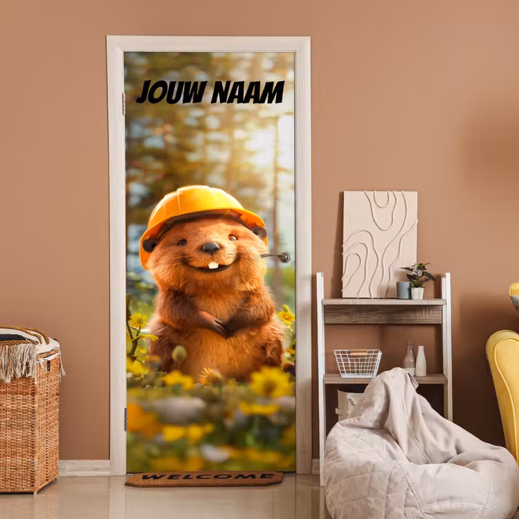 Schattige bever met bouwhelm tussen bloemen en de tekst “Deze kamer is van: jouw naam”. deurposter klein -sfeer1