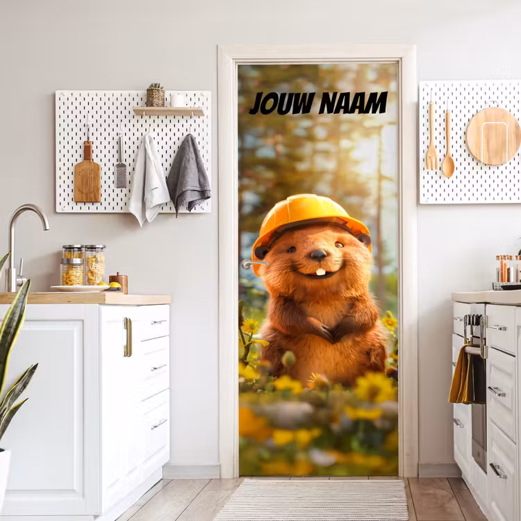 Schattige bever met bouwhelm tussen bloemen en de tekst “Deze kamer is van: jouw naam”. deurposter klein -sfeer5