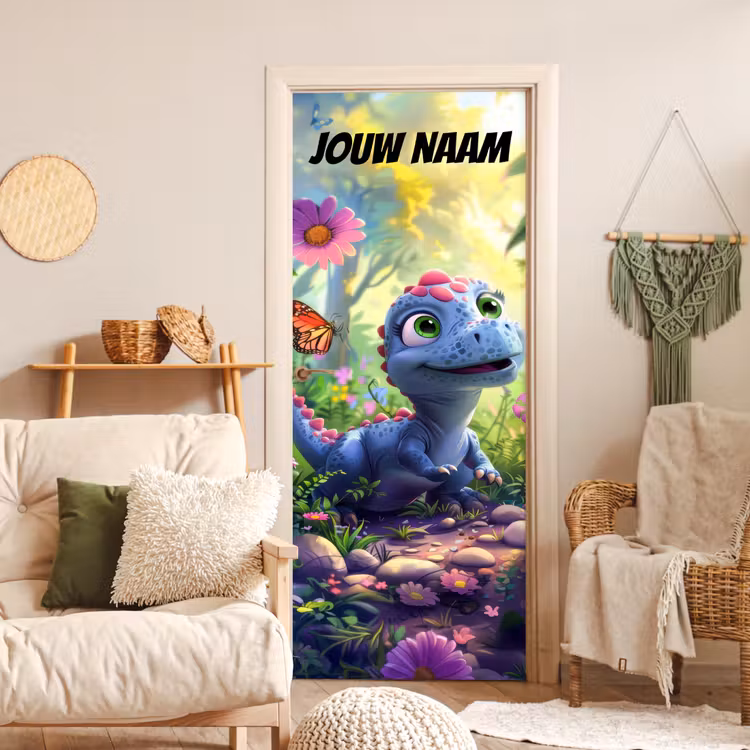 Schattige dinosaurus in een bloemenveld met de tekst “Deze kamer is van: jouw naam”. deurposter klein -sfeer2