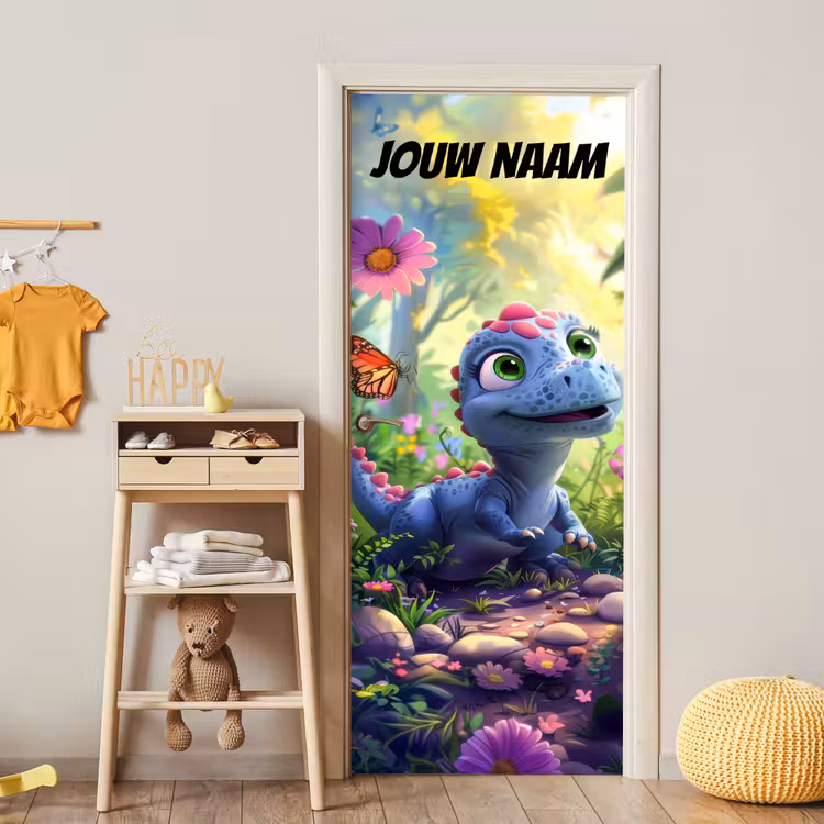 Schattige dinosaurus in een bloemenveld met de tekst “Deze kamer is van: jouw naam”. deurposter klein -sfeer4