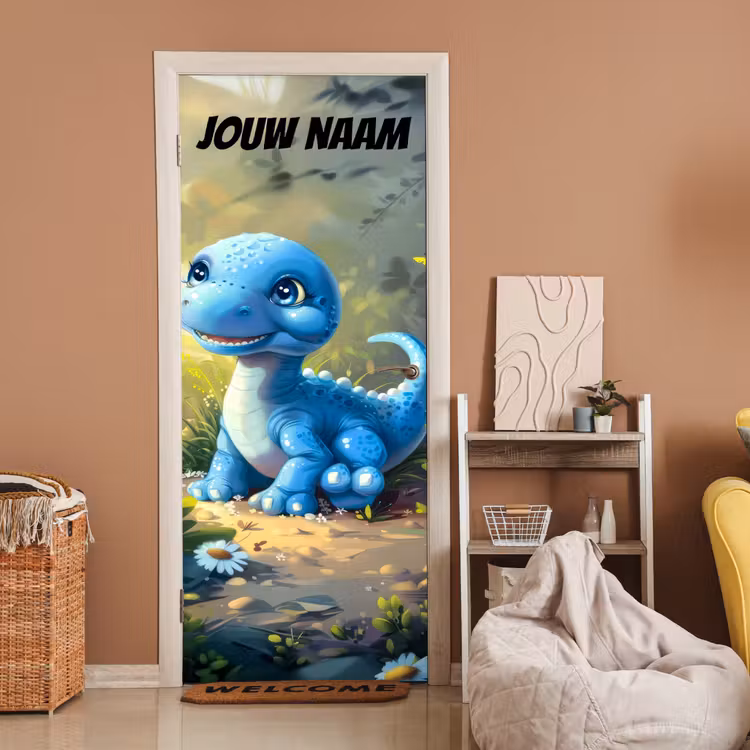 Schattige blauwe dinosaurus in het bos met de tekst “Deze kamer is van: jouw naam”. deurposter klein -sfeer1