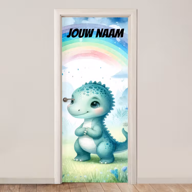 Schattige dinosaurus onder een regenboog met de tekst “Deze kamer is van: jouw naam”. deurposter klein -3d_beige