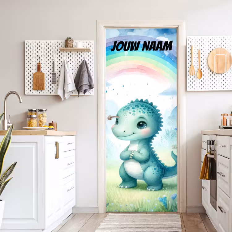 Schattige dinosaurus onder een regenboog met de tekst “Deze kamer is van: jouw naam”. deurposter klein -sfeer5