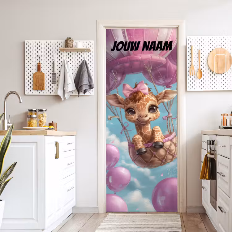 Schattige giraffe in luchtballon met de tekst “Deze kamer is van: jouw naam”. deurposter klein -sfeer5