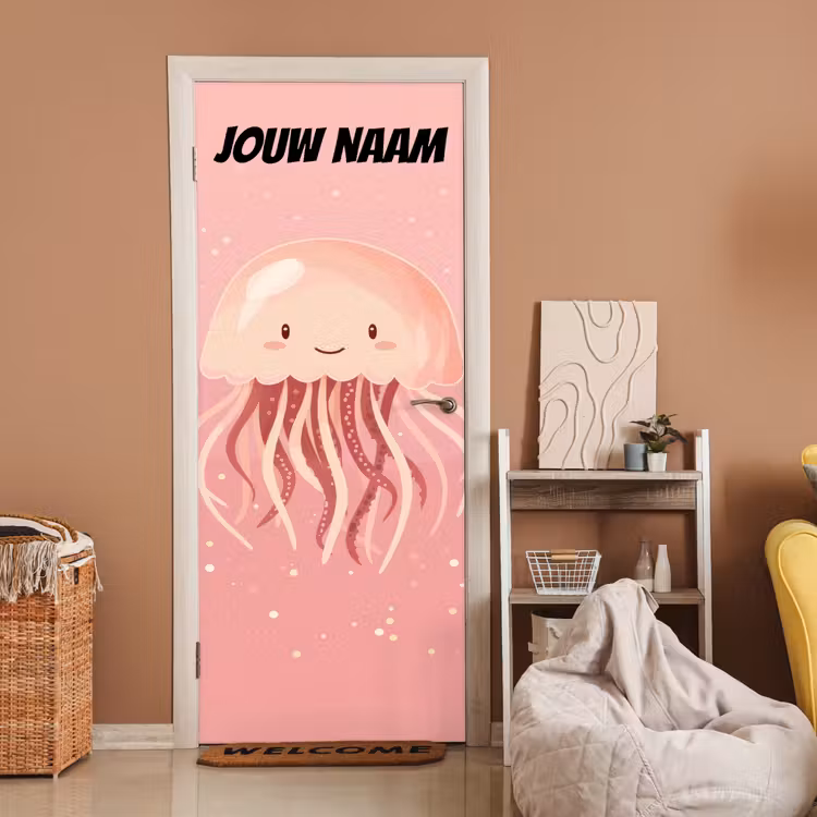 Schattige kwal in roze tinten met de tekst “Deze kamer is van: jouw naam”. deurposter klein -sfeer1