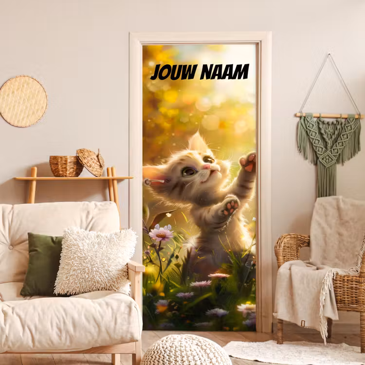 Schattig kitten in bloemenveld met de tekst “Deze kamer is van: jouw naam”. deurposter klein -sfeer2
