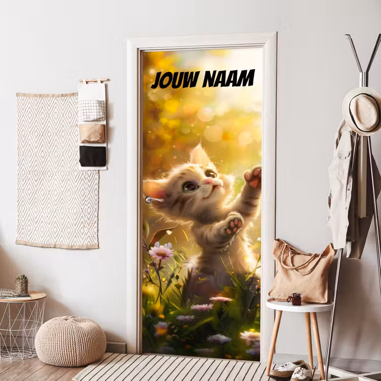 Schattig kitten in bloemenveld met de tekst “Deze kamer is van: jouw naam”. deurposter klein -sfeer6