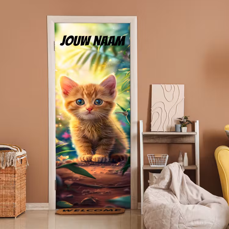 Schattig kitten in de natuur met de tekst “Deze kamer is van: jouw naam”. deurposter klein -sfeer1