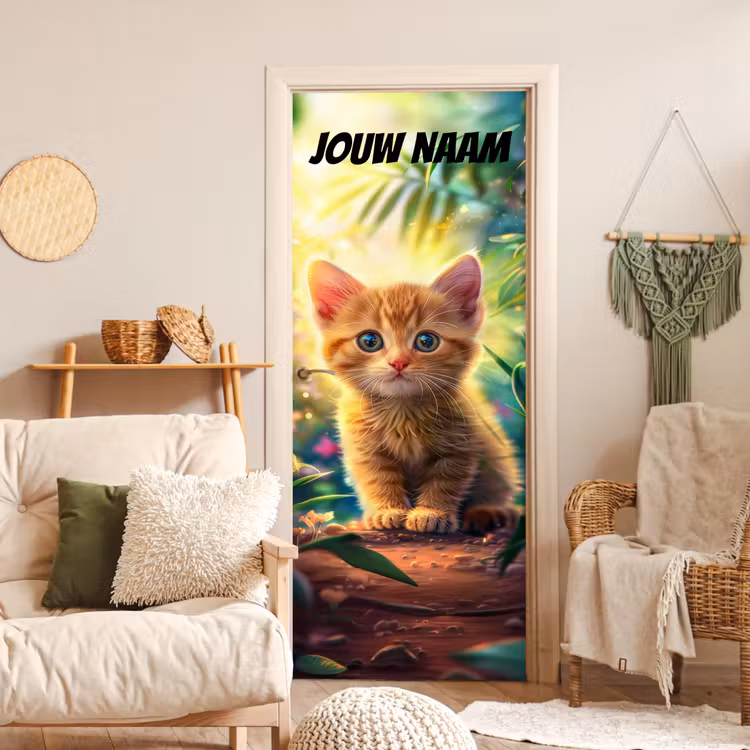 Schattig kitten in de natuur met de tekst “Deze kamer is van: jouw naam”. deurposter klein -sfeer2