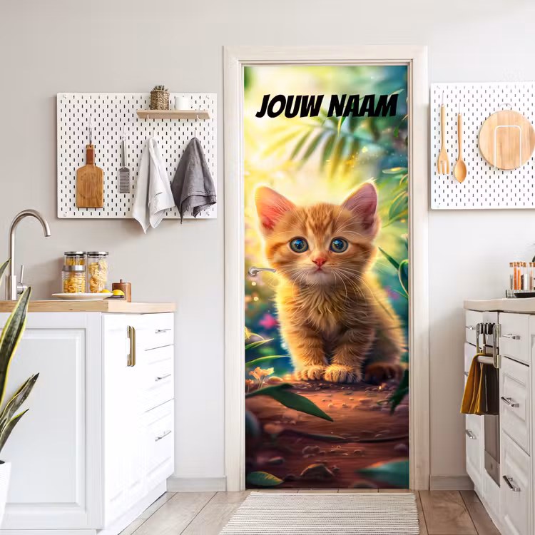 Schattig kitten in de natuur met de tekst “Deze kamer is van: jouw naam”. deurposter klein -sfeer5