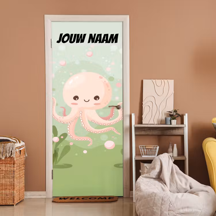 Schattige octopus in zachte pastelkleuren met de tekst “Deze kamer is van: jouw naam”. deurposter klein -sfeer1