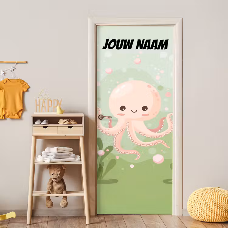 Schattige octopus in zachte pastelkleuren met de tekst “Deze kamer is van: jouw naam”. deurposter klein -sfeer4