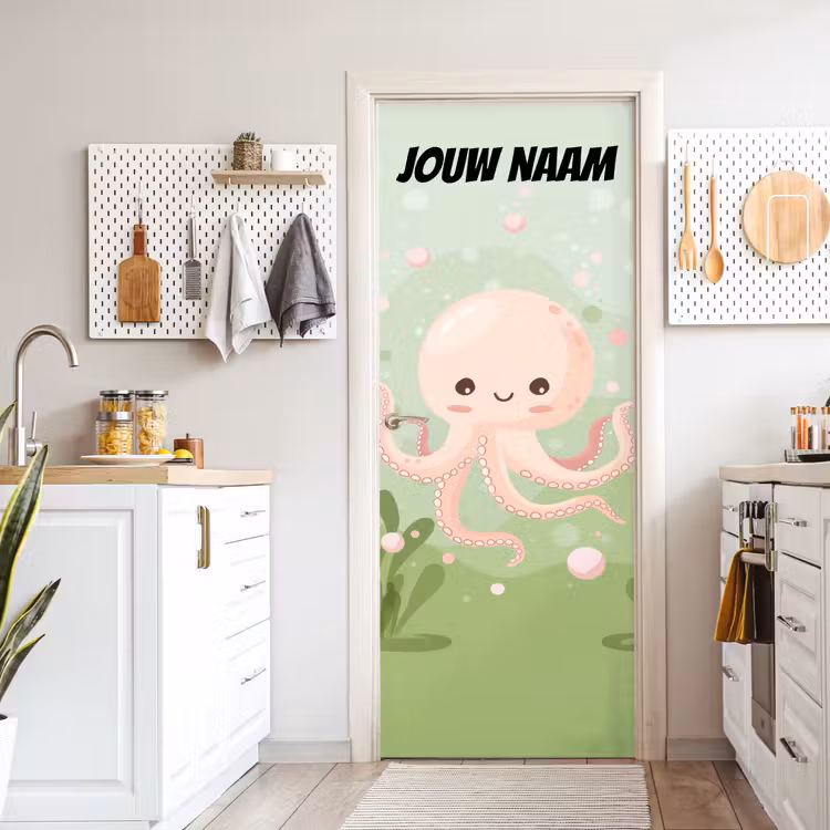 Schattige octopus in zachte pastelkleuren met de tekst “Deze kamer is van: jouw naam”. deurposter klein -sfeer5