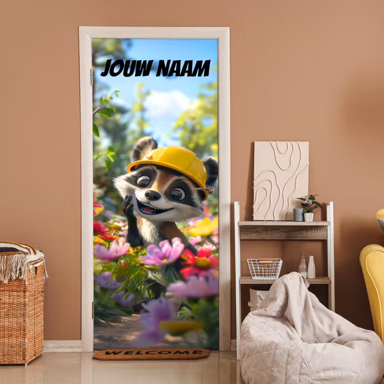 Schattige wasbeer met bouwhelm tussen bloemen en de tekst “Deze kamer is van: jouw naam”. deurposter klein -sfeer1