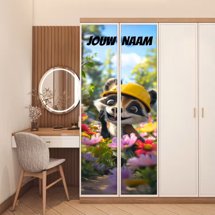 Schattige wasbeer met bouwhelm tussen bloemen en de tekst “Deze kamer is van: jouw naam”. deurposter klein -sfeer3