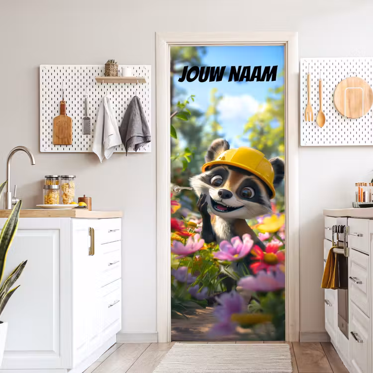 Schattige wasbeer met bouwhelm tussen bloemen en de tekst “Deze kamer is van: jouw naam”. deurposter klein -sfeer5