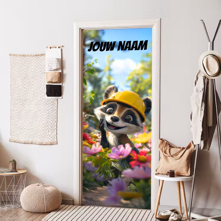 Schattige wasbeer met bouwhelm tussen bloemen en de tekst “Deze kamer is van: jouw naam”. deurposter klein -sfeer6
