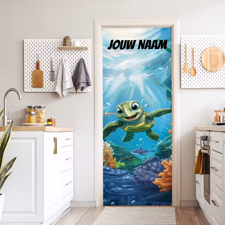 Vrolijke zeeschildpad onder water met de tekst “Deze kamer is van: jouw naam”. deurposter klein -sfeer5
