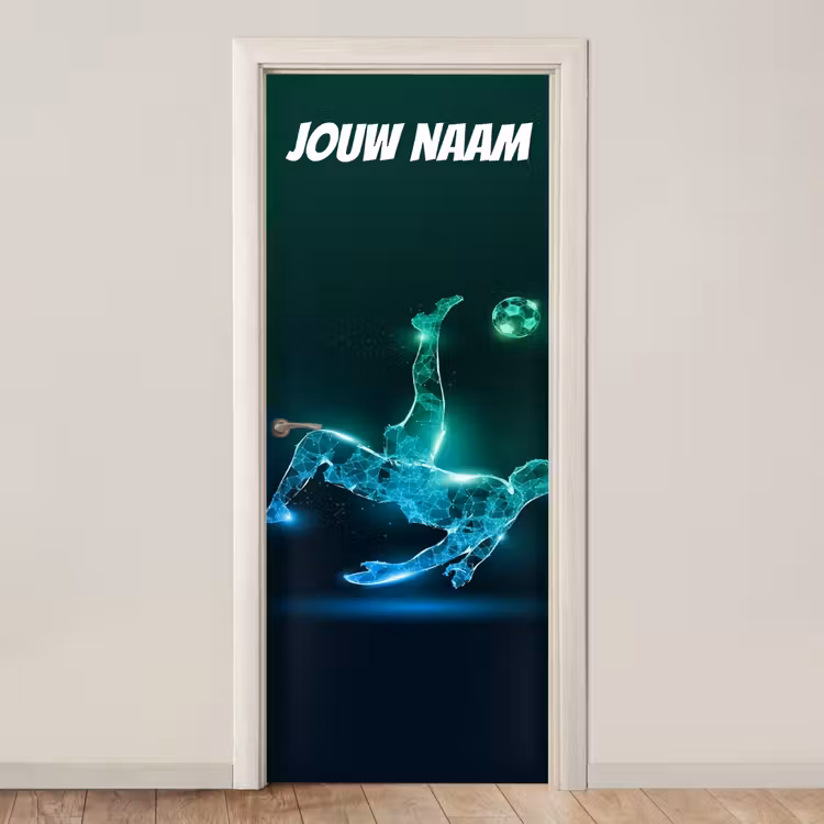 Futuristische voetballer en bal met de tekst “Deze kamer is van: jouw naam”. deurposter klein -3d_beige